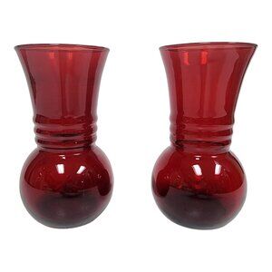 Anchor Hocking Royal Ruby Red Bud Vase Set 6 3/4" Ribbed Neck Romantic 30s Decor